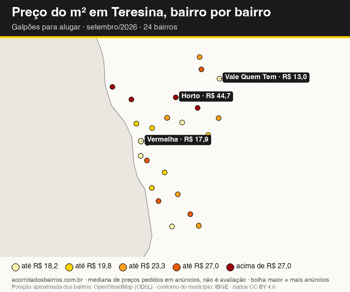 Mapa do preço do m² por bairro em Teresina, galpões, aluguel, setembro/2026
