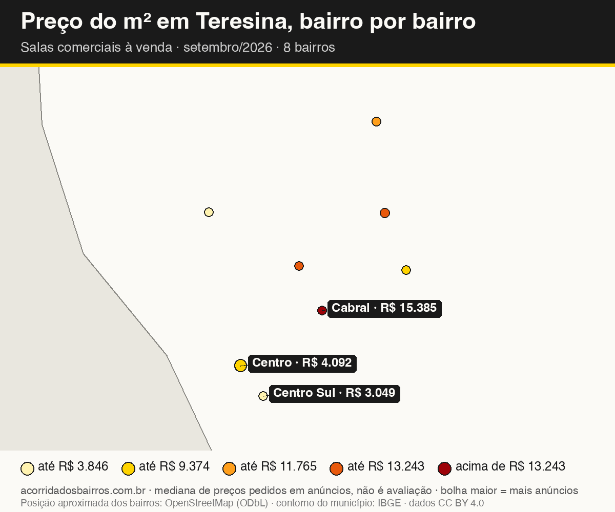 Mapa do preço do m² por bairro em Teresina, salas comerciais, venda, setembro/2026