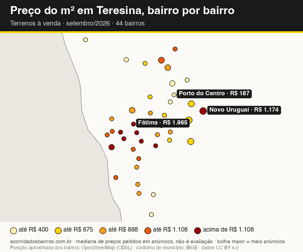 Mapa do preço do m² por bairro em Teresina, terrenos, venda, setembro/2026
