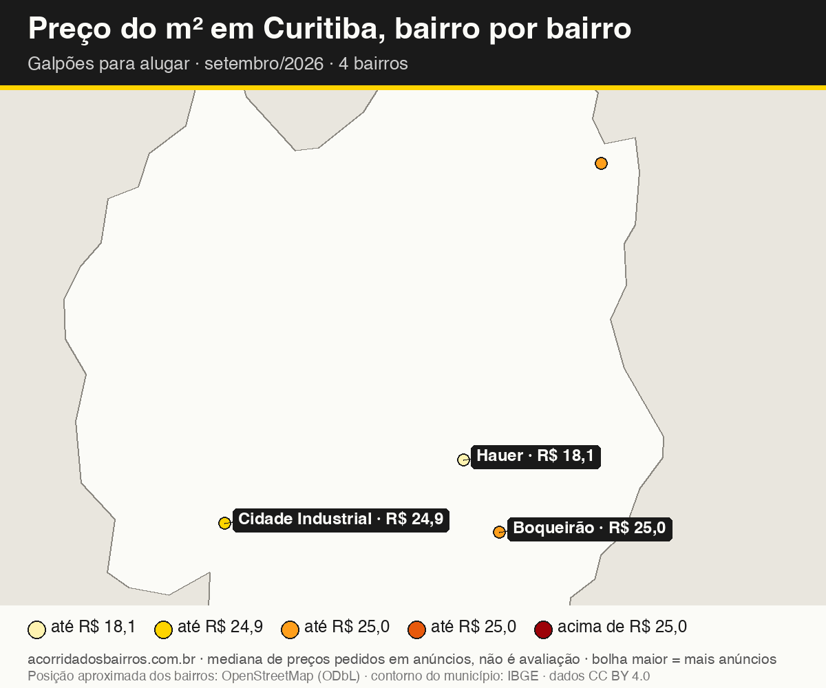 Mapa do preço do m² por bairro em Curitiba, galpões, aluguel, setembro/2026