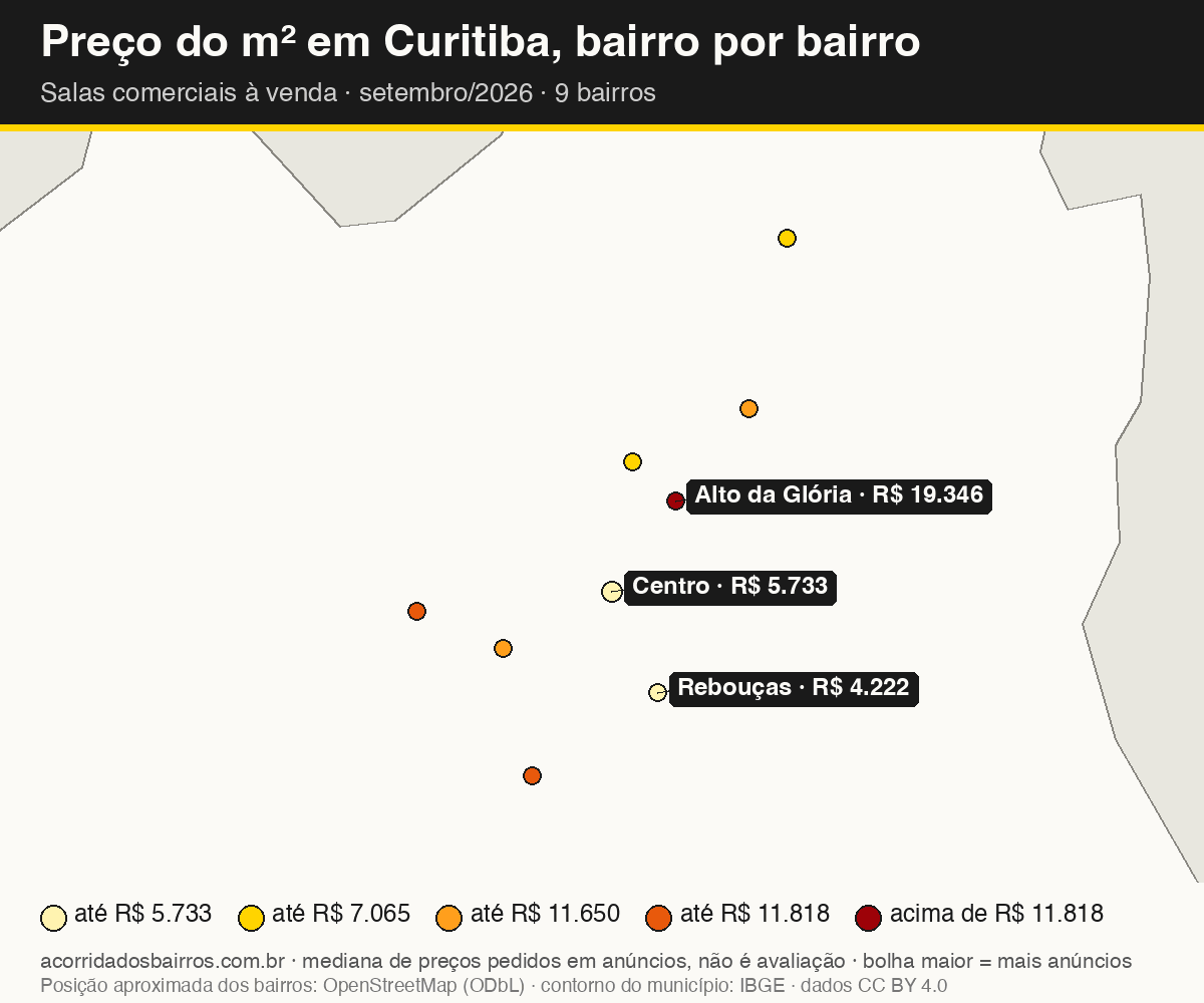 Mapa do preço do m² por bairro em Curitiba, salas comerciais, venda, setembro/2026