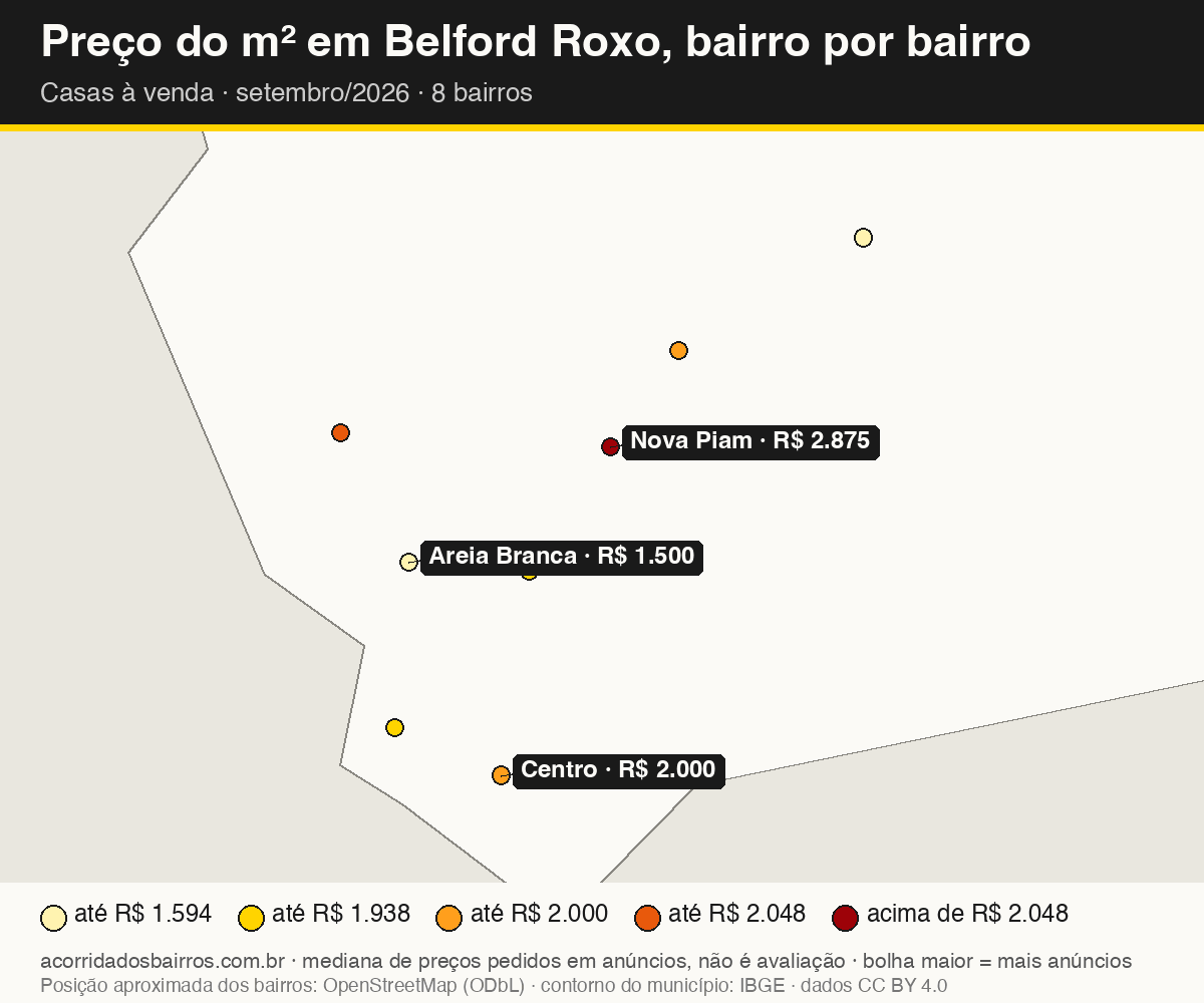 Mapa do preço do m² por bairro em Belford Roxo, casas, venda, setembro/2026