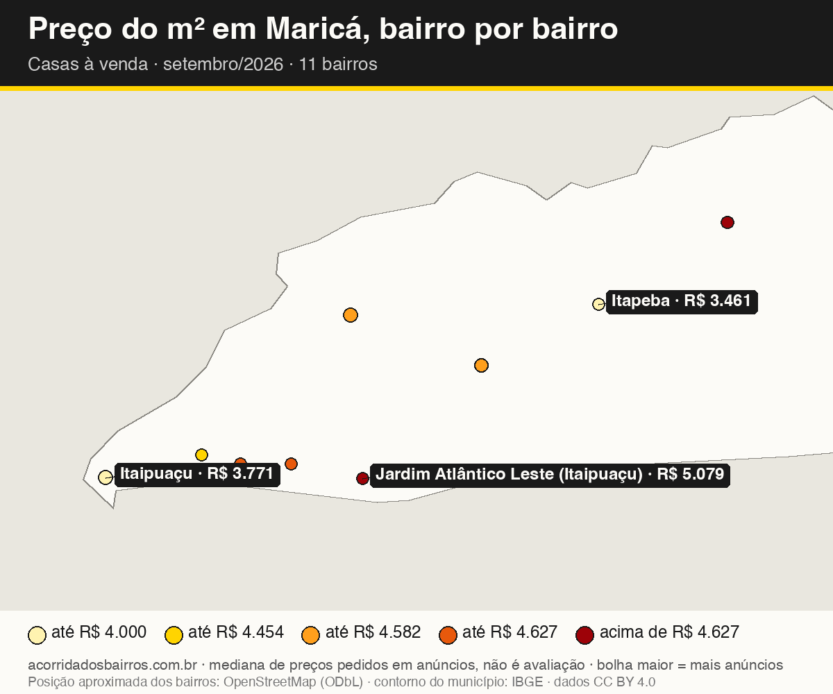 Mapa do preço do m² por bairro em Maricá, casas, venda, setembro/2026