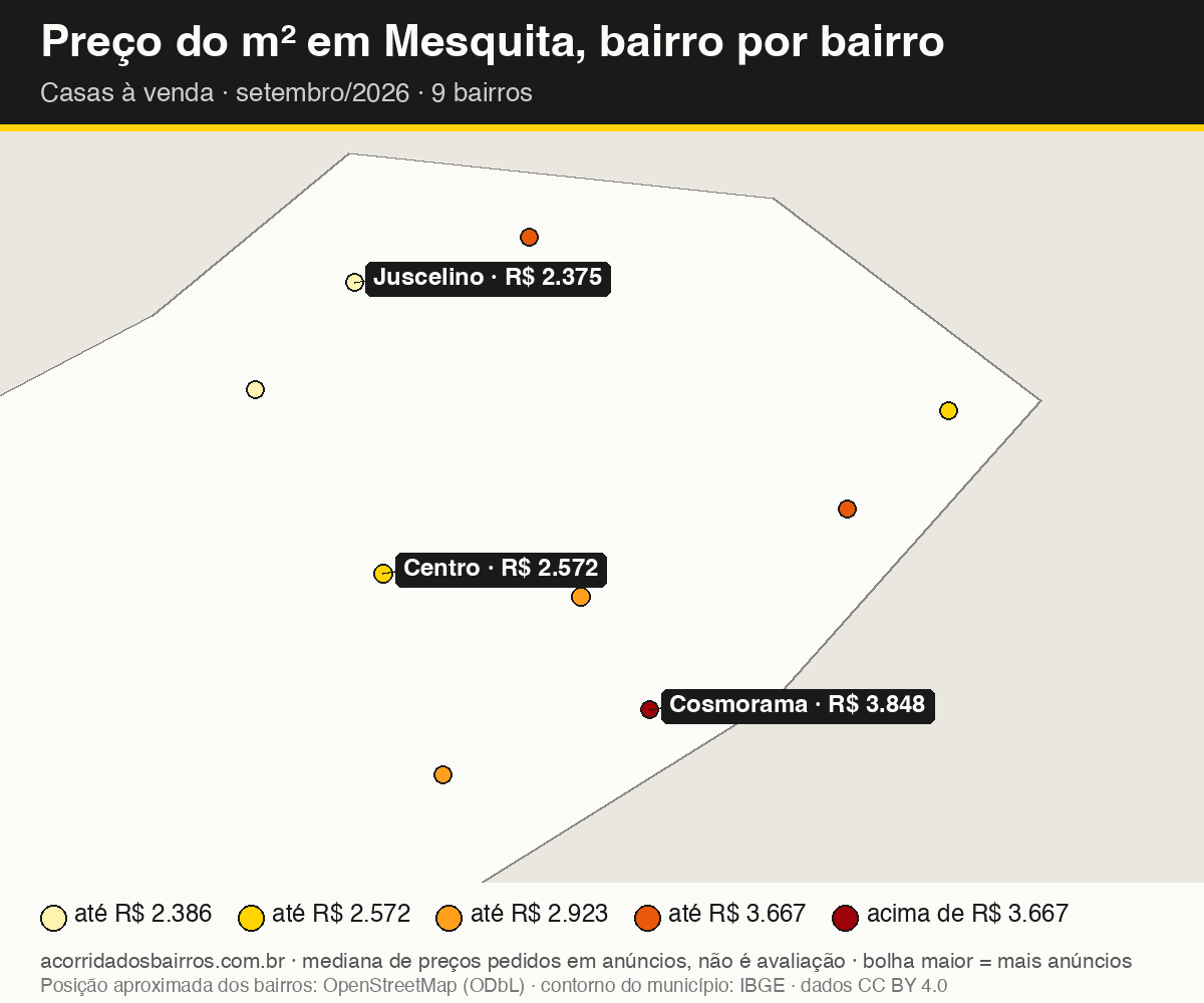Mapa do preço do m² por bairro em Mesquita, casas, venda, setembro/2026