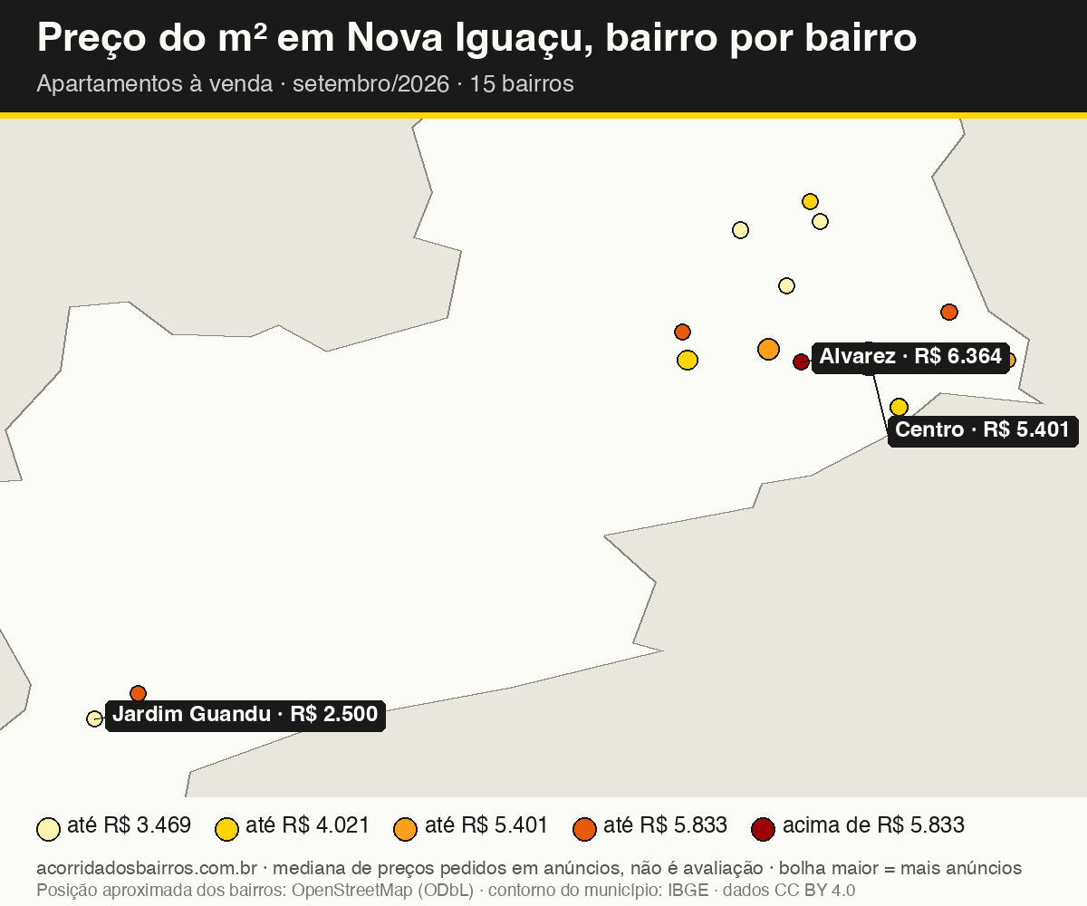 Mapa do preço do m² por bairro em Nova Iguaçu, apartamentos, venda, setembro/2026