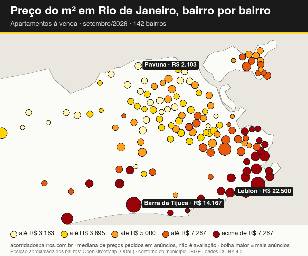 Mapa do preço do m² por bairro em Rio de Janeiro, apartamentos, venda, setembro/2026