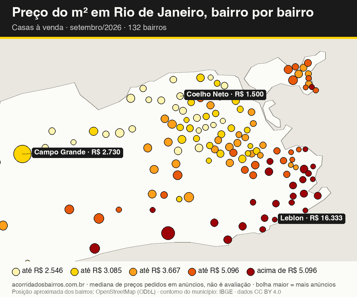 Mapa do preço do m² por bairro em Rio de Janeiro, casas, venda, setembro/2026