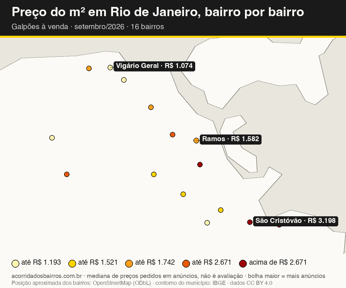Mapa do preço do m² por bairro em Rio de Janeiro, galpões, venda, setembro/2026