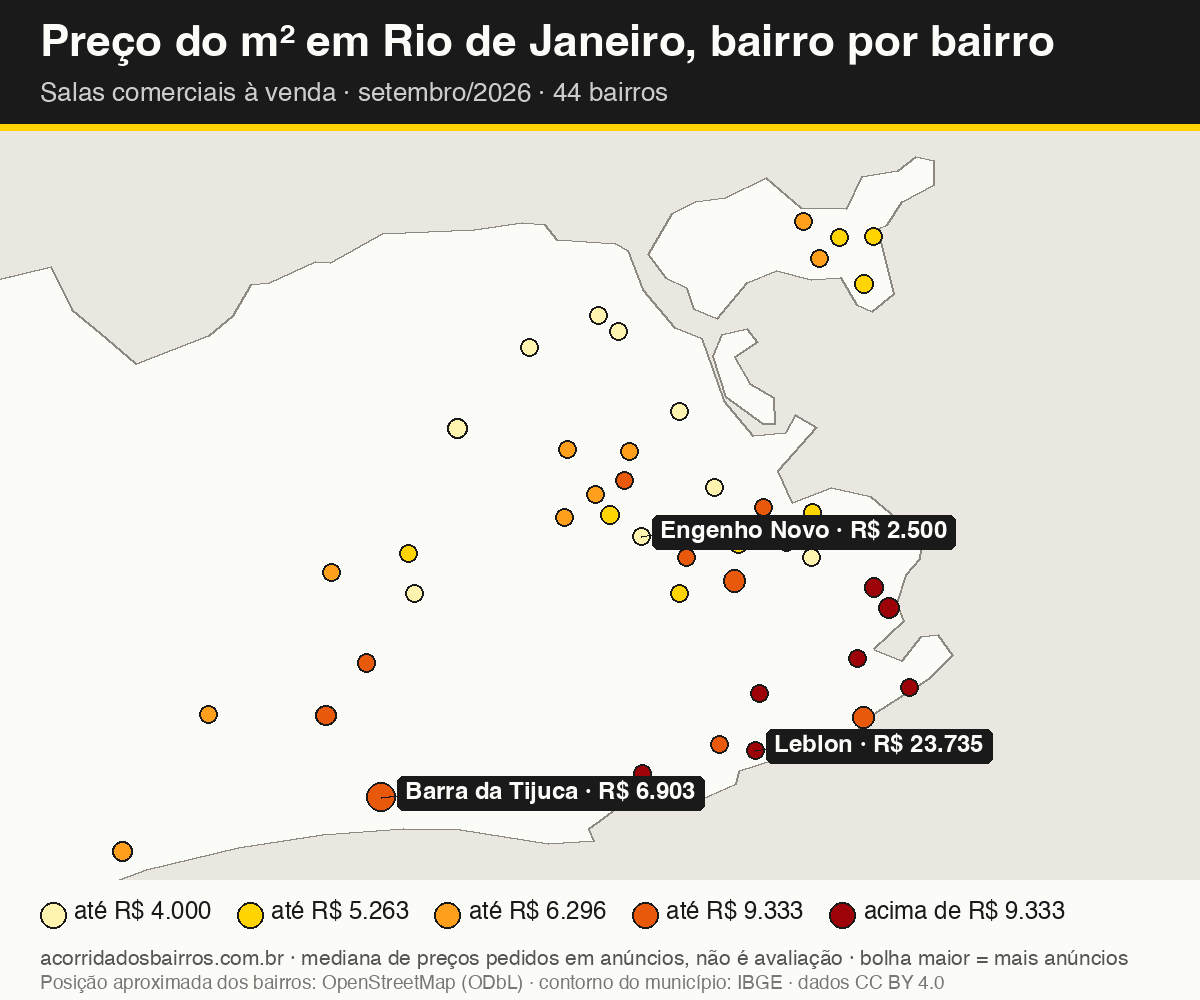 Mapa do preço do m² por bairro em Rio de Janeiro, salas comerciais, venda, setembro/2026