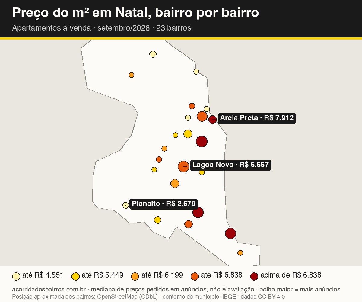Mapa do preço do m² por bairro em Natal, apartamentos, venda, setembro/2026
