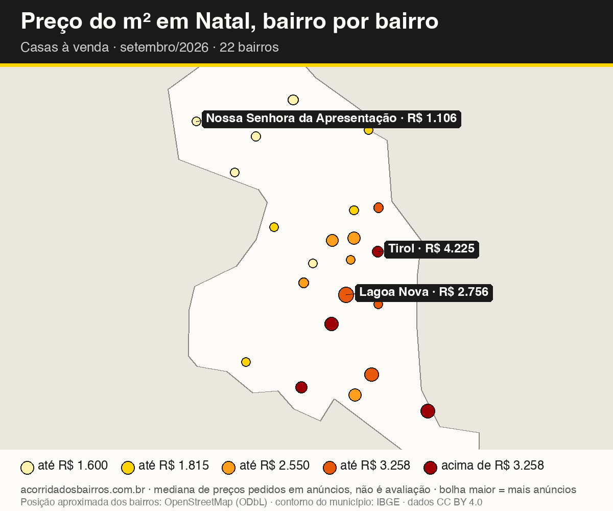 Mapa do preço do m² por bairro em Natal, casas, venda, setembro/2026