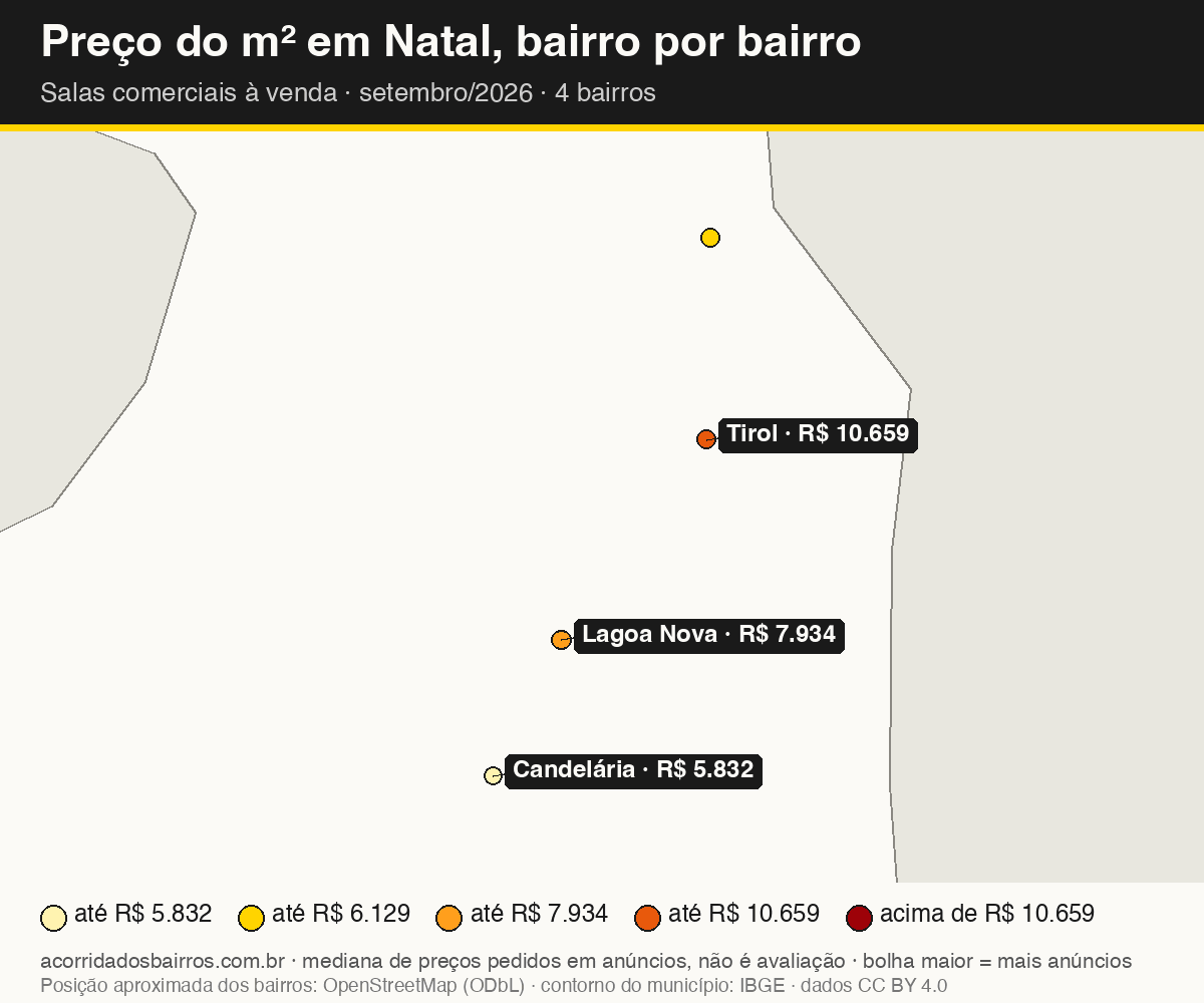 Mapa do preço do m² por bairro em Natal, salas comerciais, venda, setembro/2026