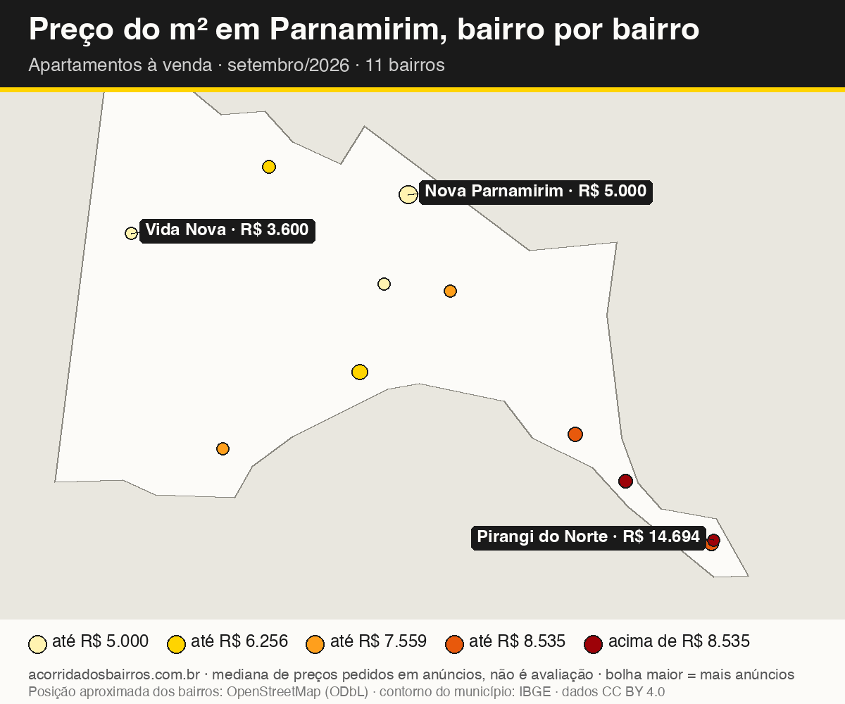 Mapa do preço do m² por bairro em Parnamirim, apartamentos, venda, setembro/2026