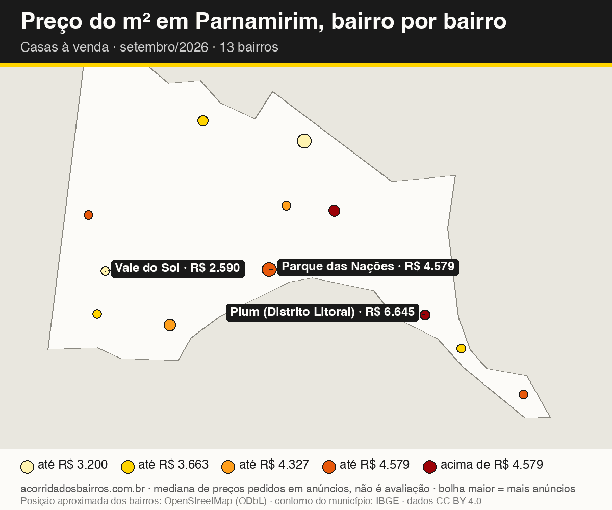 Mapa do preço do m² por bairro em Parnamirim, casas, venda, setembro/2026
