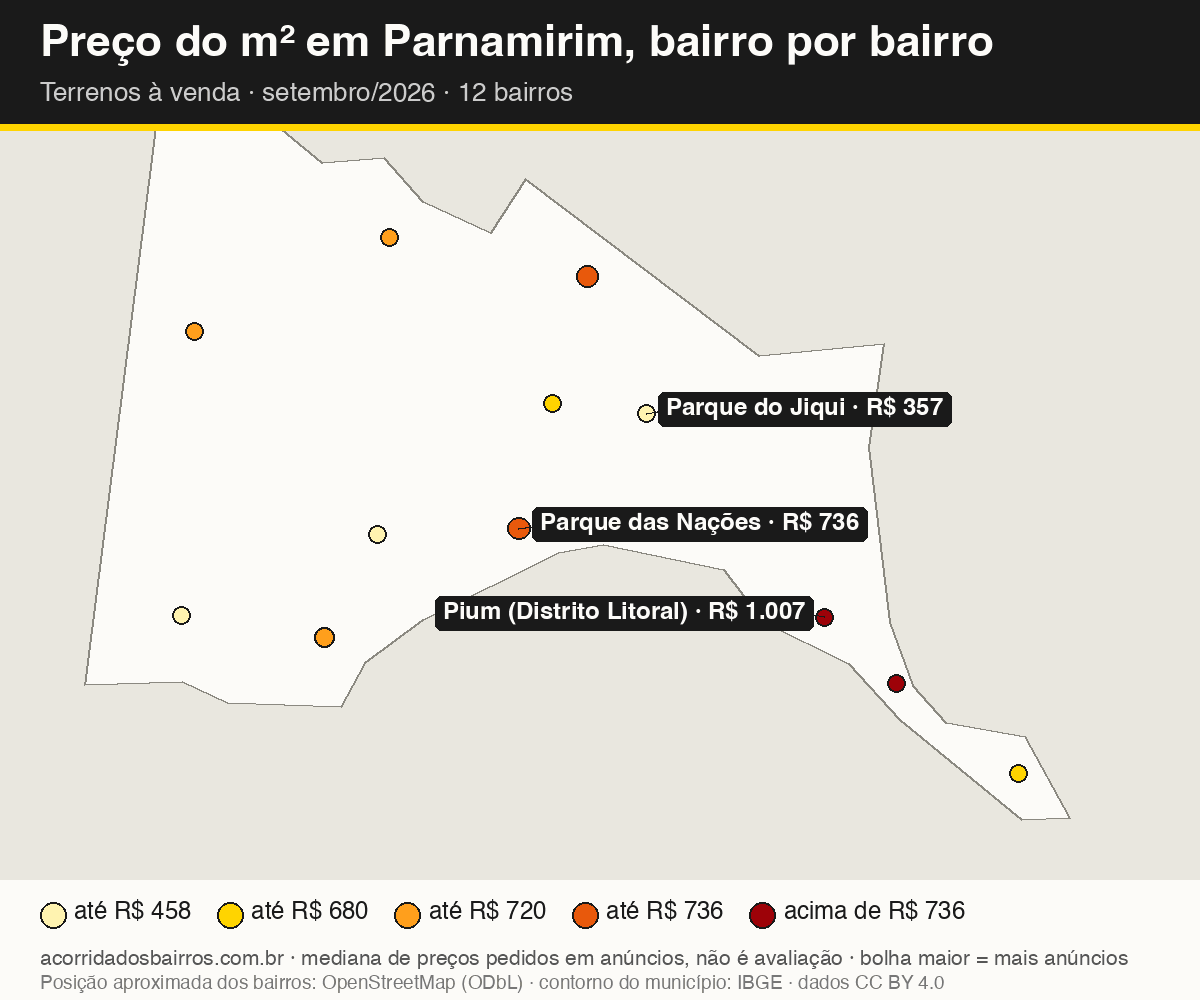 Mapa do preço do m² por bairro em Parnamirim, terrenos, venda, setembro/2026