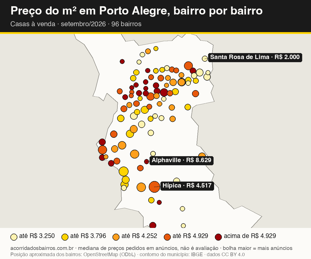 Mapa do preço do m² por bairro em Porto Alegre, casas, venda, setembro/2026