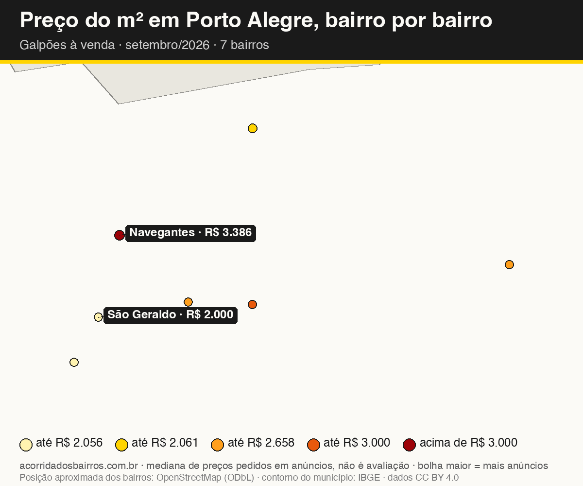 Mapa do preço do m² por bairro em Porto Alegre, galpões, venda, setembro/2026