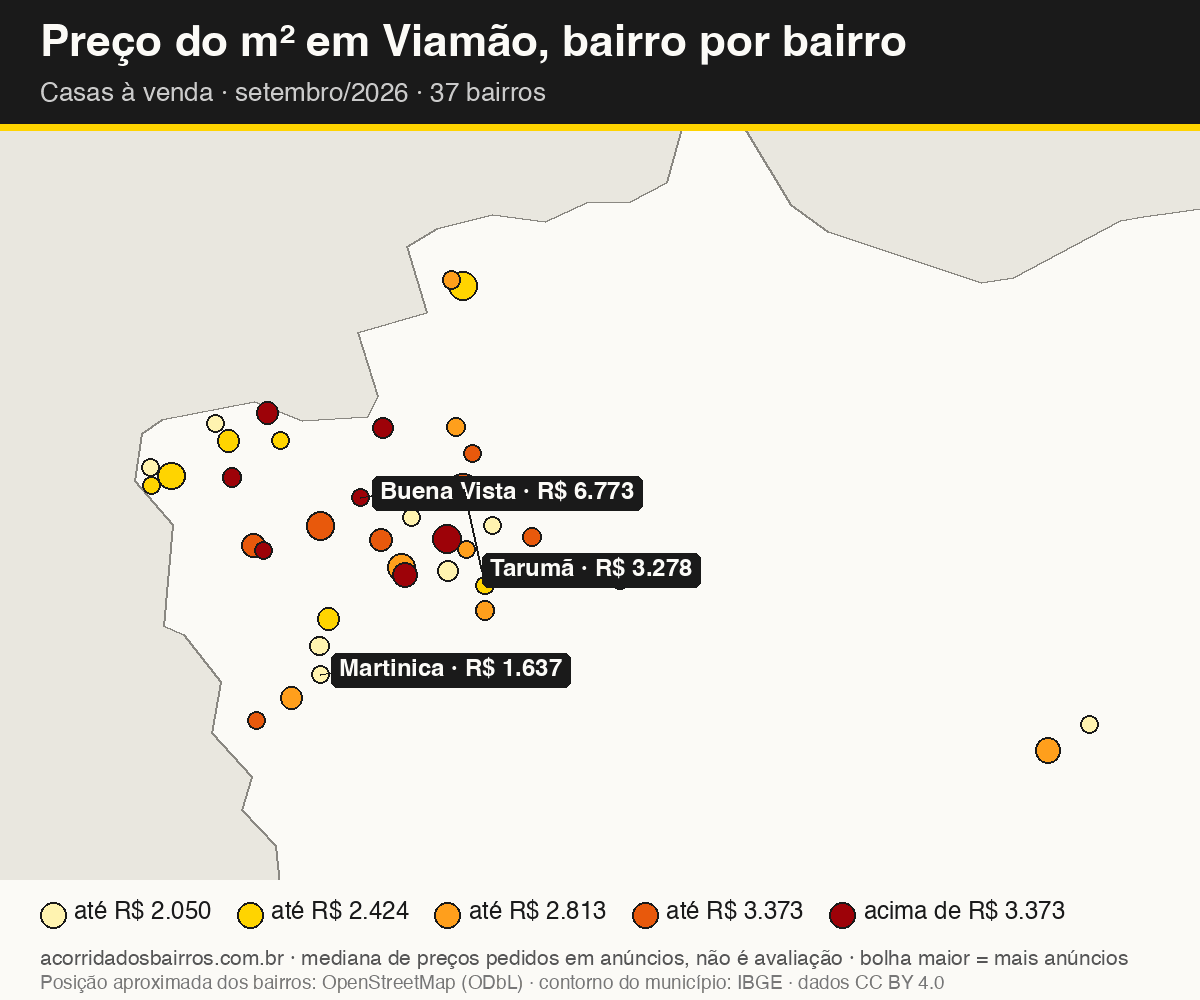 Mapa do preço do m² por bairro em Viamão, casas, venda, setembro/2026
