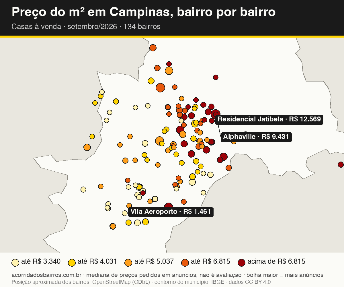 Mapa do preço do m² por bairro em Campinas, casas, venda, setembro/2026