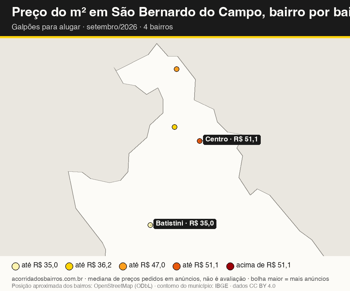 Mapa do preço do m² por bairro em São Bernardo do Campo, galpões, aluguel, setembro/2026