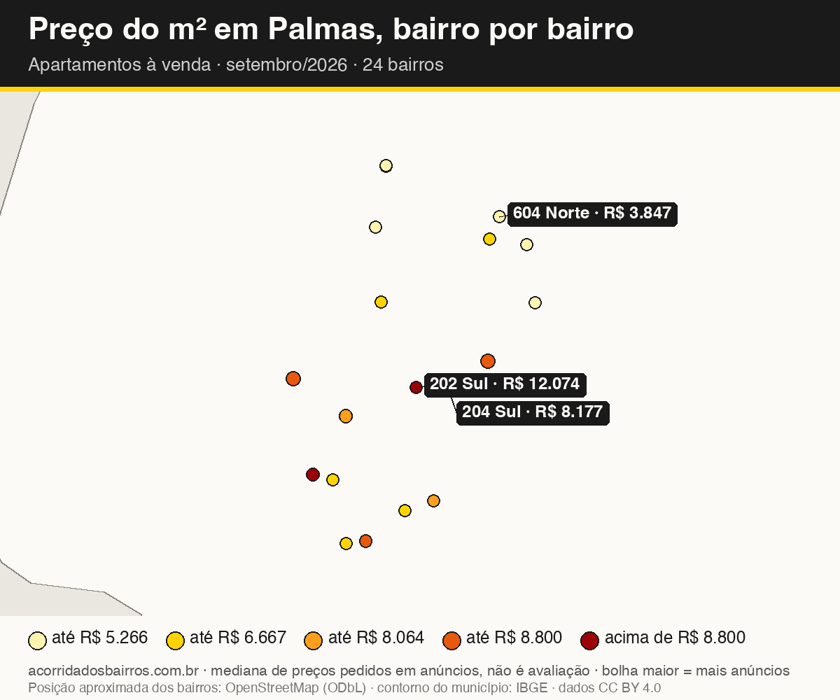 Mapa do preço do m² por bairro em Palmas, apartamentos, venda, setembro/2026