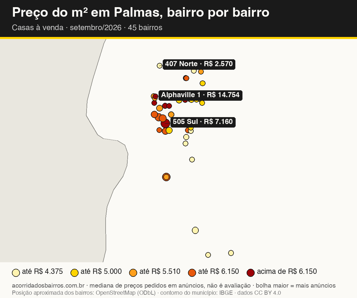 Mapa do preço do m² por bairro em Palmas, casas, venda, setembro/2026